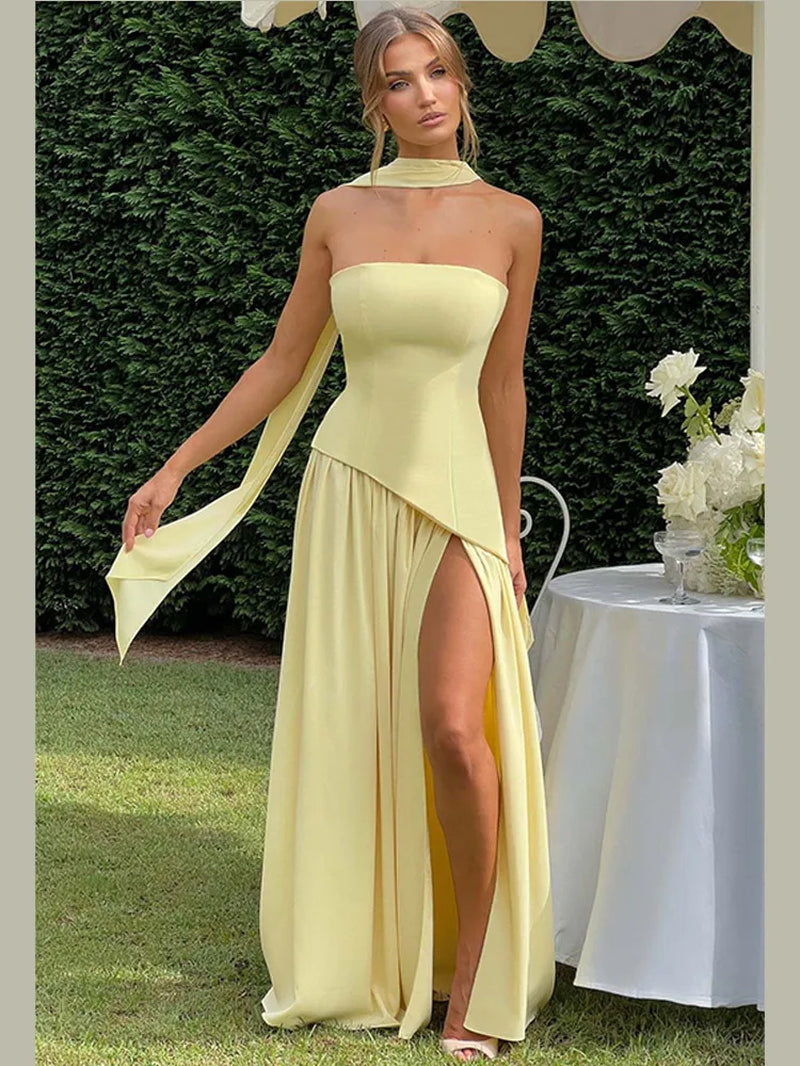 Women Elegant Pleated Backless Sleeveless Formal Maxi Dress