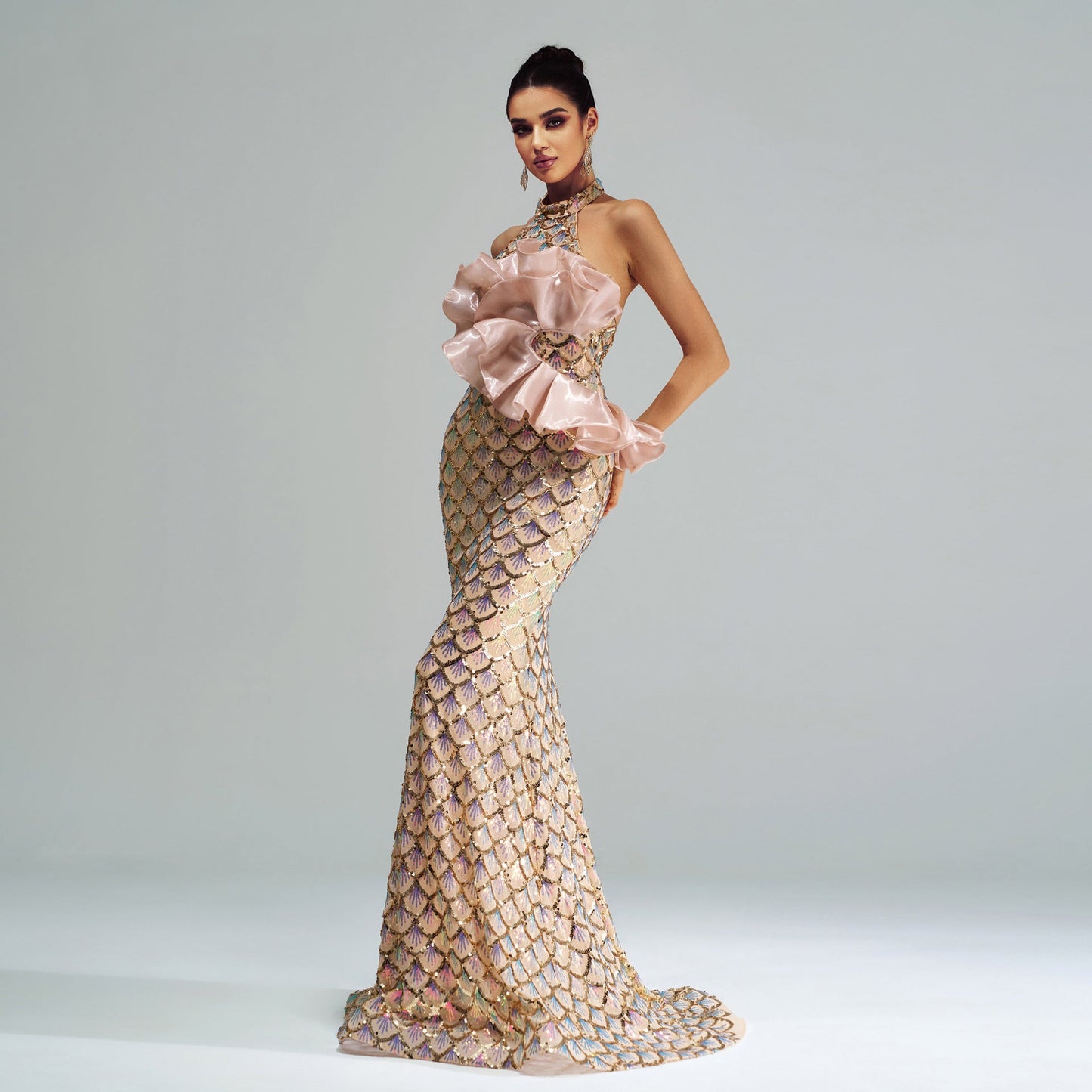 Champagne Halter Mermaid Sequin Evening Gown for Women