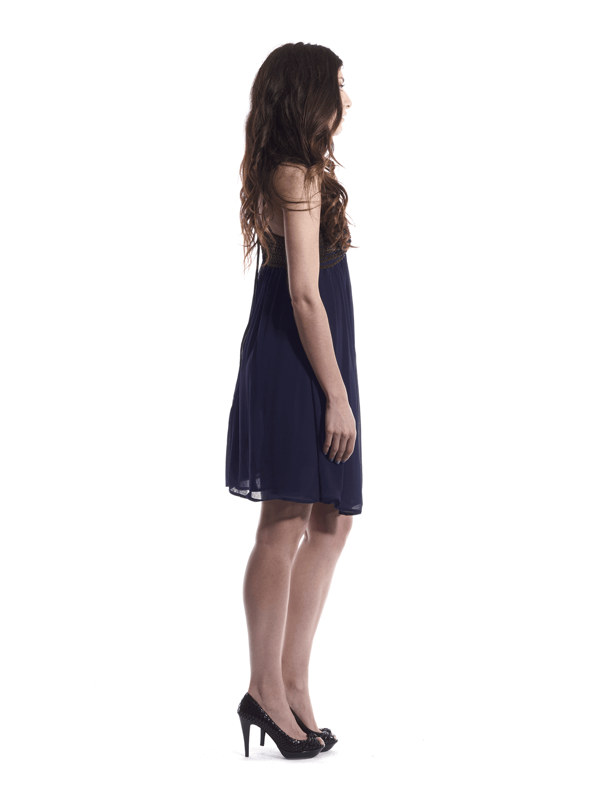 Blue Flowy Evening Dress with Gold Embellishments