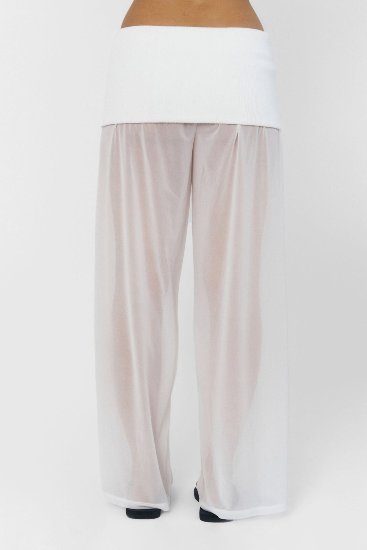 Women Wide Leg Sheer Pants Foldover Waistband White