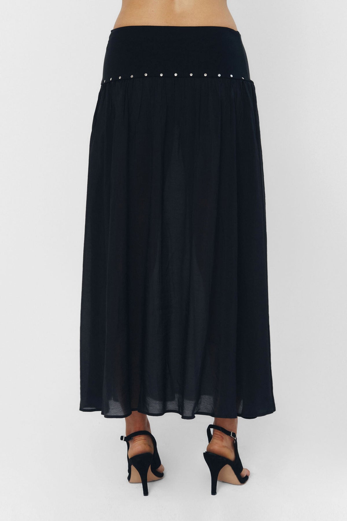 Women Pleated High Waist Sheer Midi Skirt Black Knit