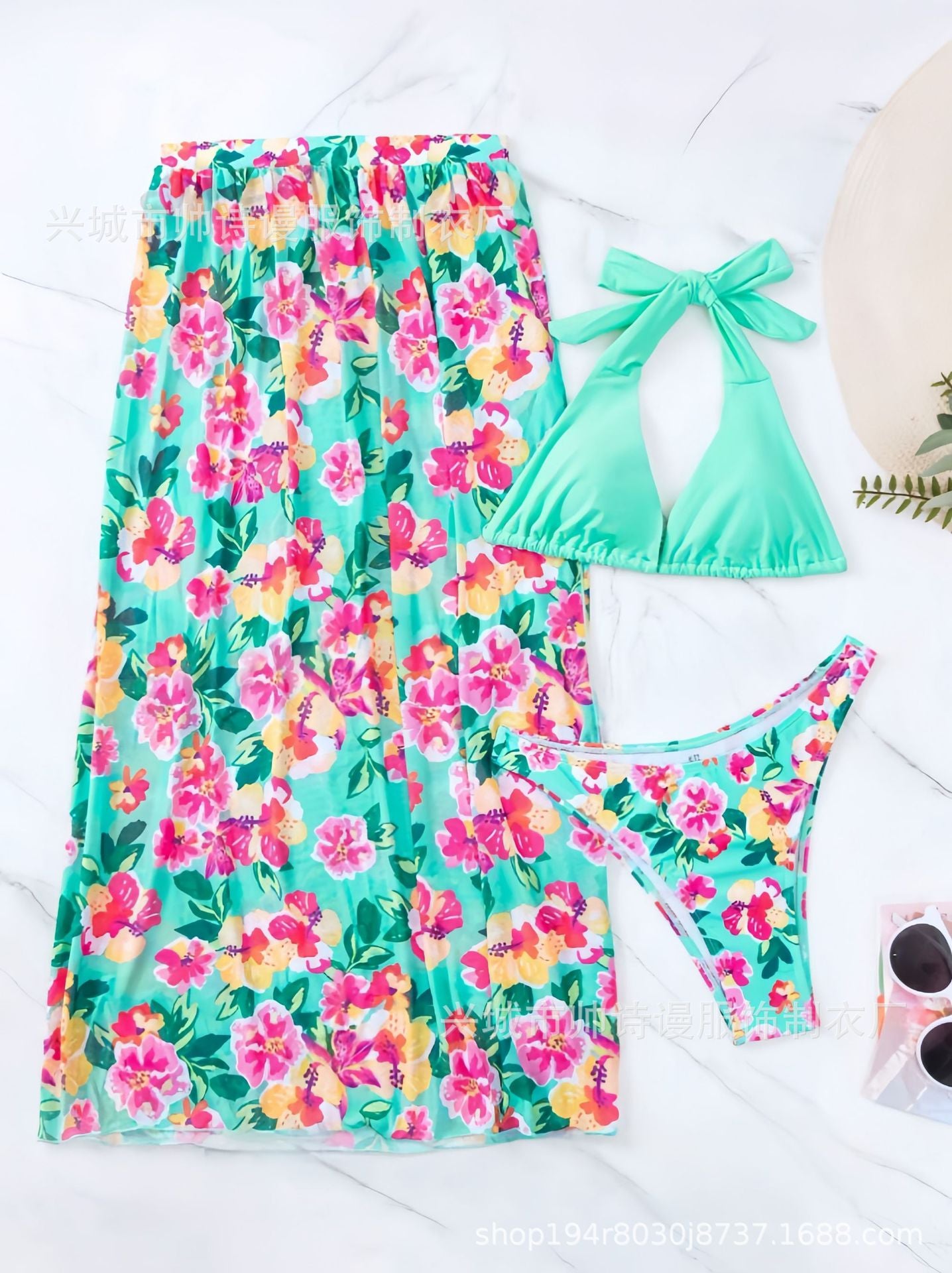 Women Print Drawstring Strappy Low Cut Two Piece Swimsuit