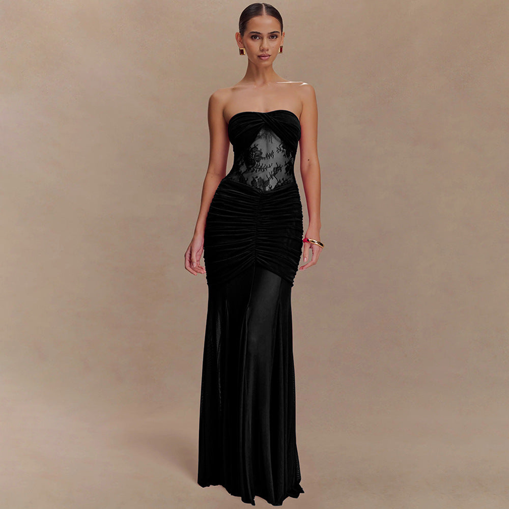 Women Slim Sleeveless Tube Top Bodycon Midi Party Dress