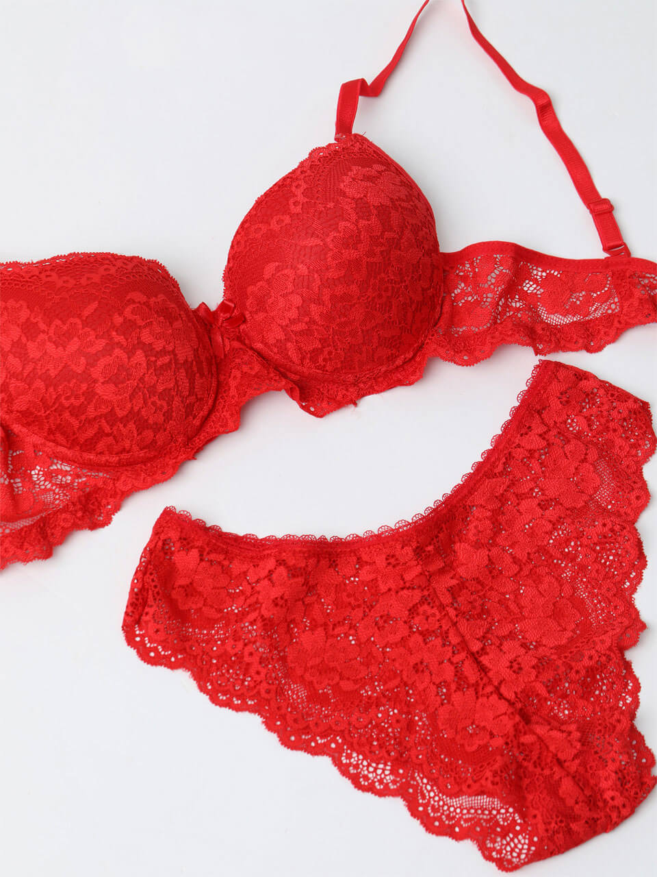 Women Red Lace Half Cup Shelf Bra Underwire Brief Lingerie