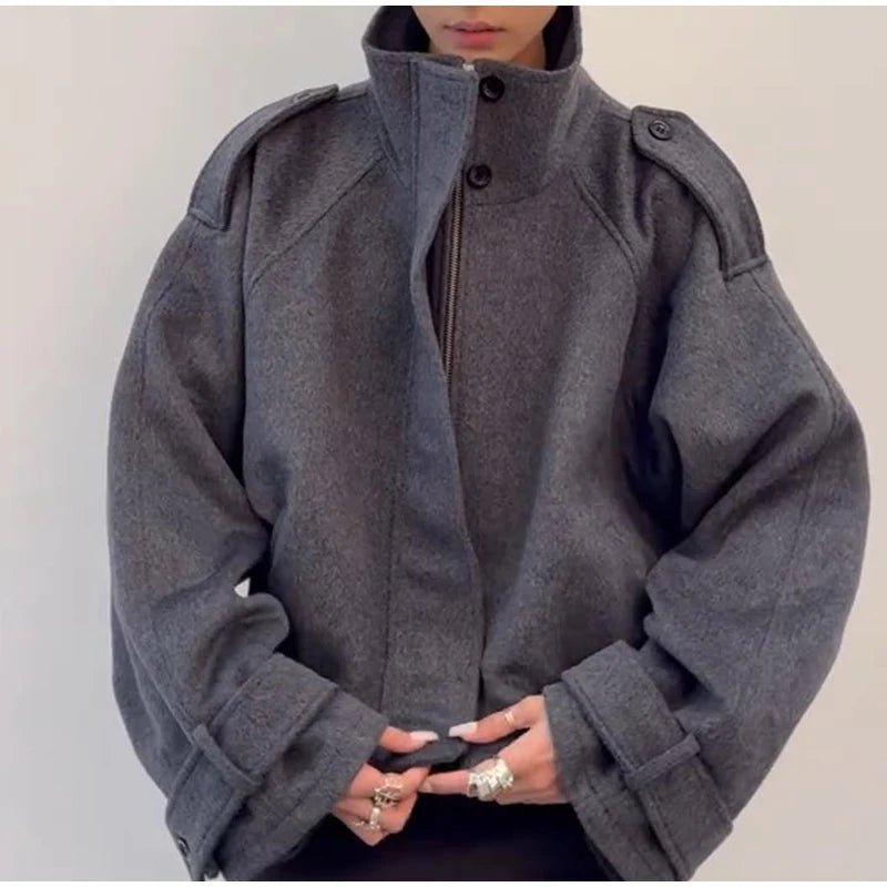 Casual Stand Collar Woolen Jacket Casual Buttons Long Sleeve Drop Shoulder Zipper Loose Coat High Street All-match Spring Tops