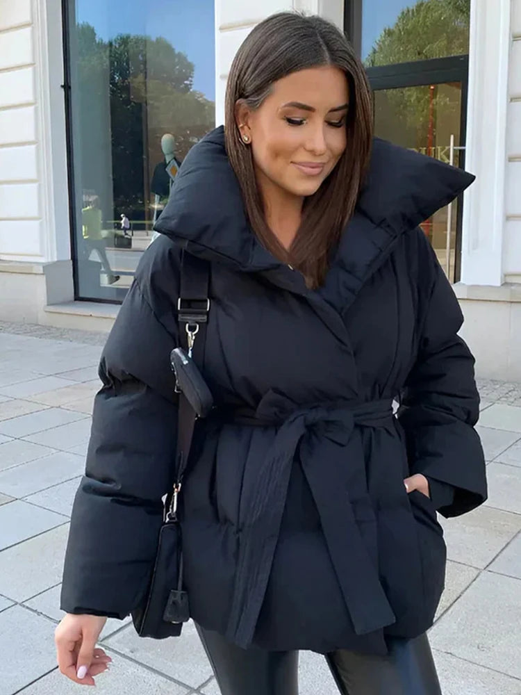 Fashion Lace Up Hooded Cotton Coat Women Casual Stand Collar Single Breasted Pocket Loose Warm Coats Lady Winter Street Outwear