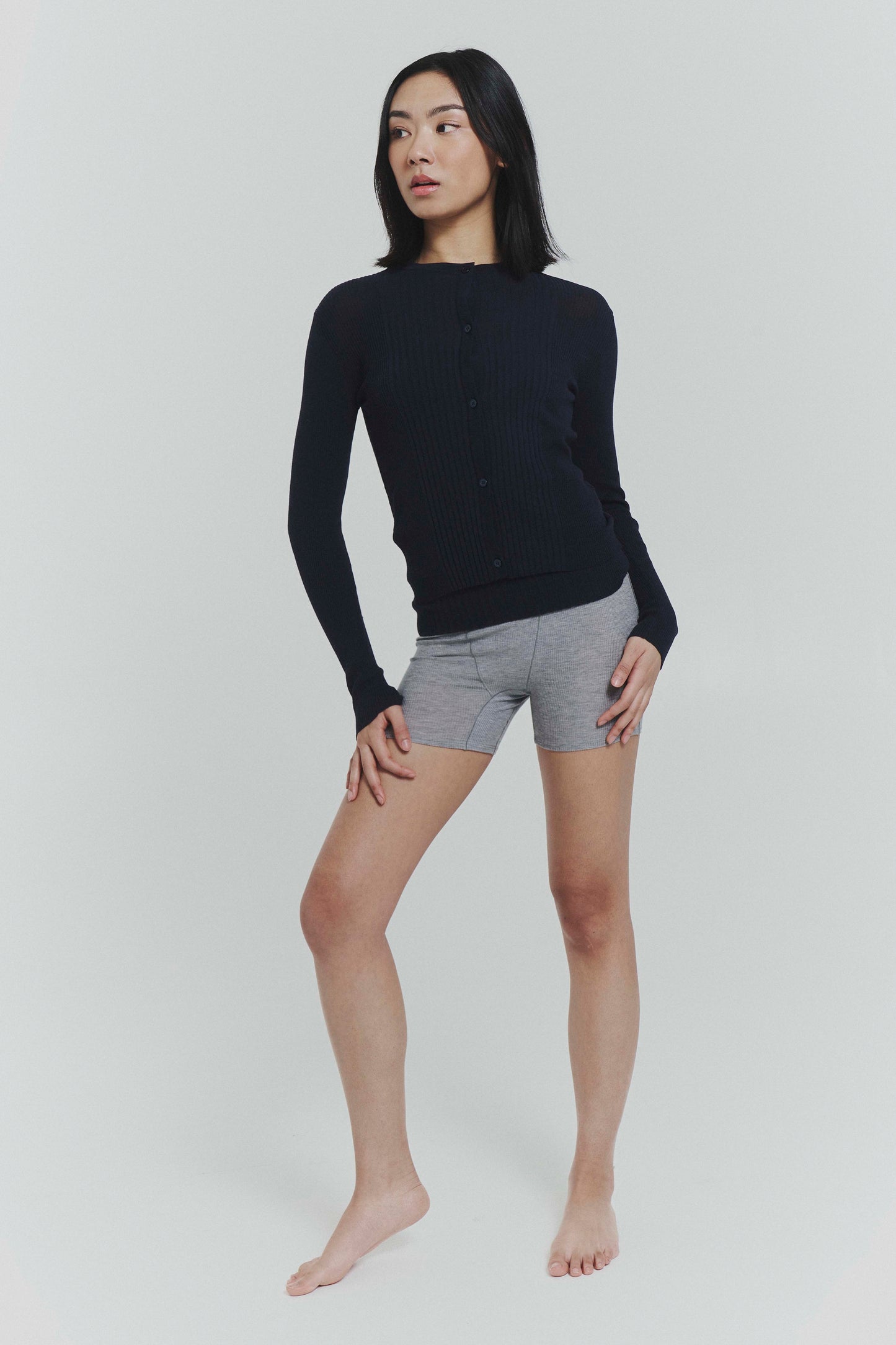 Ribbed Knit Cardigan Navy Lightweight Button Front Layer Fit