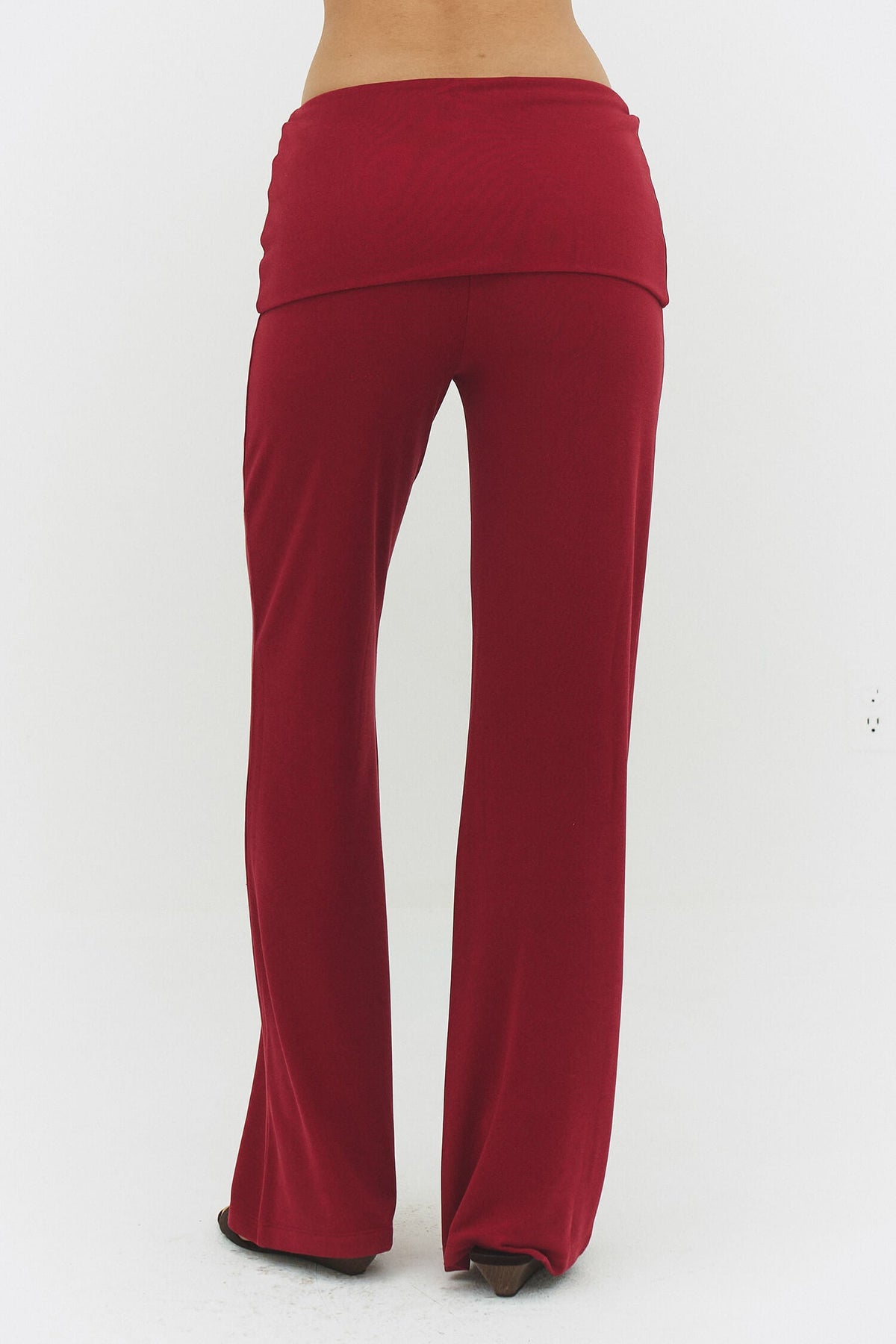 Women Wide Leg Foldover Waist Flare Pants Raspberry Knit