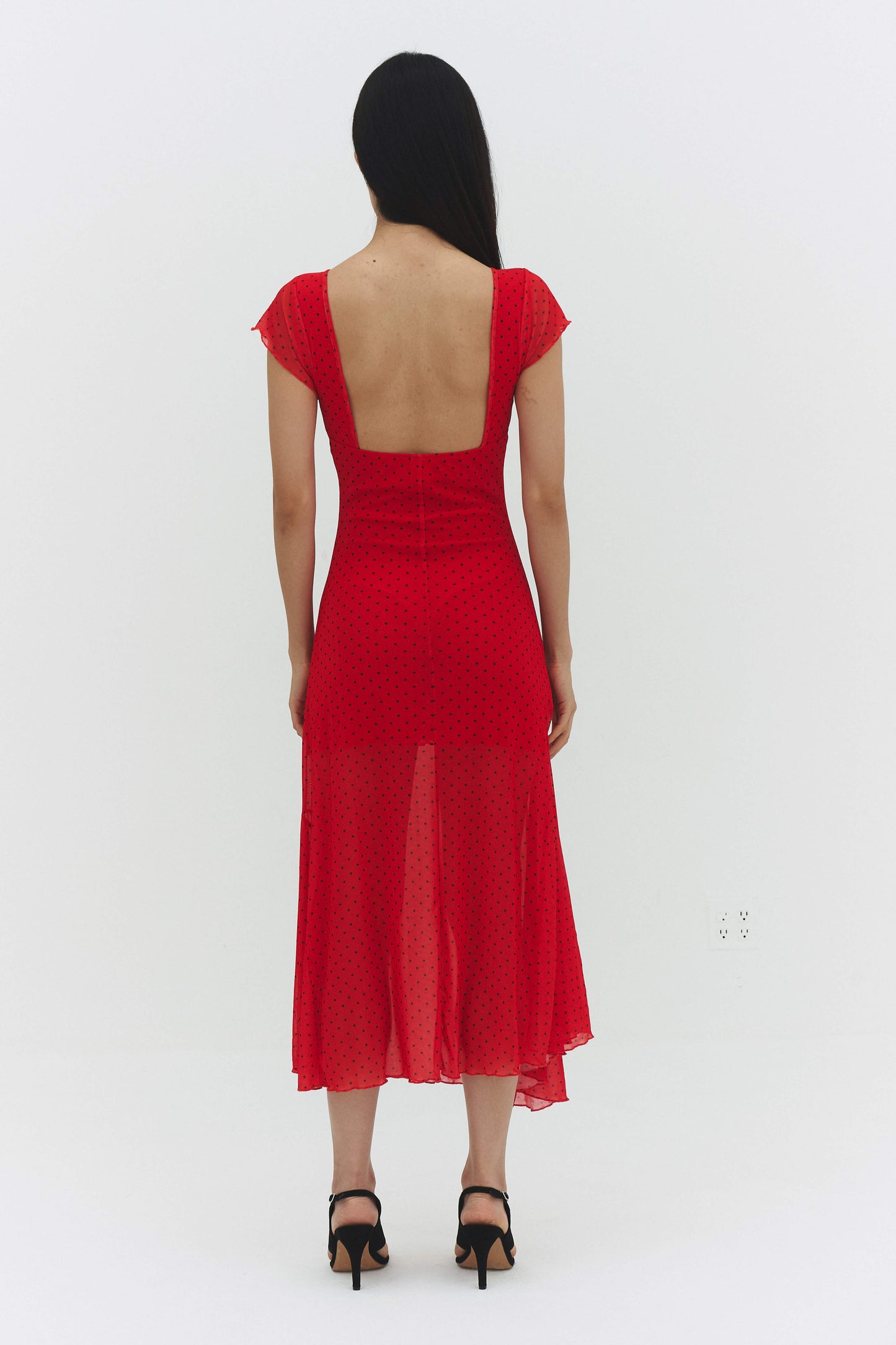 Valentina Dress Red Womens Fitted Midi Polka Dot Mesh Styles