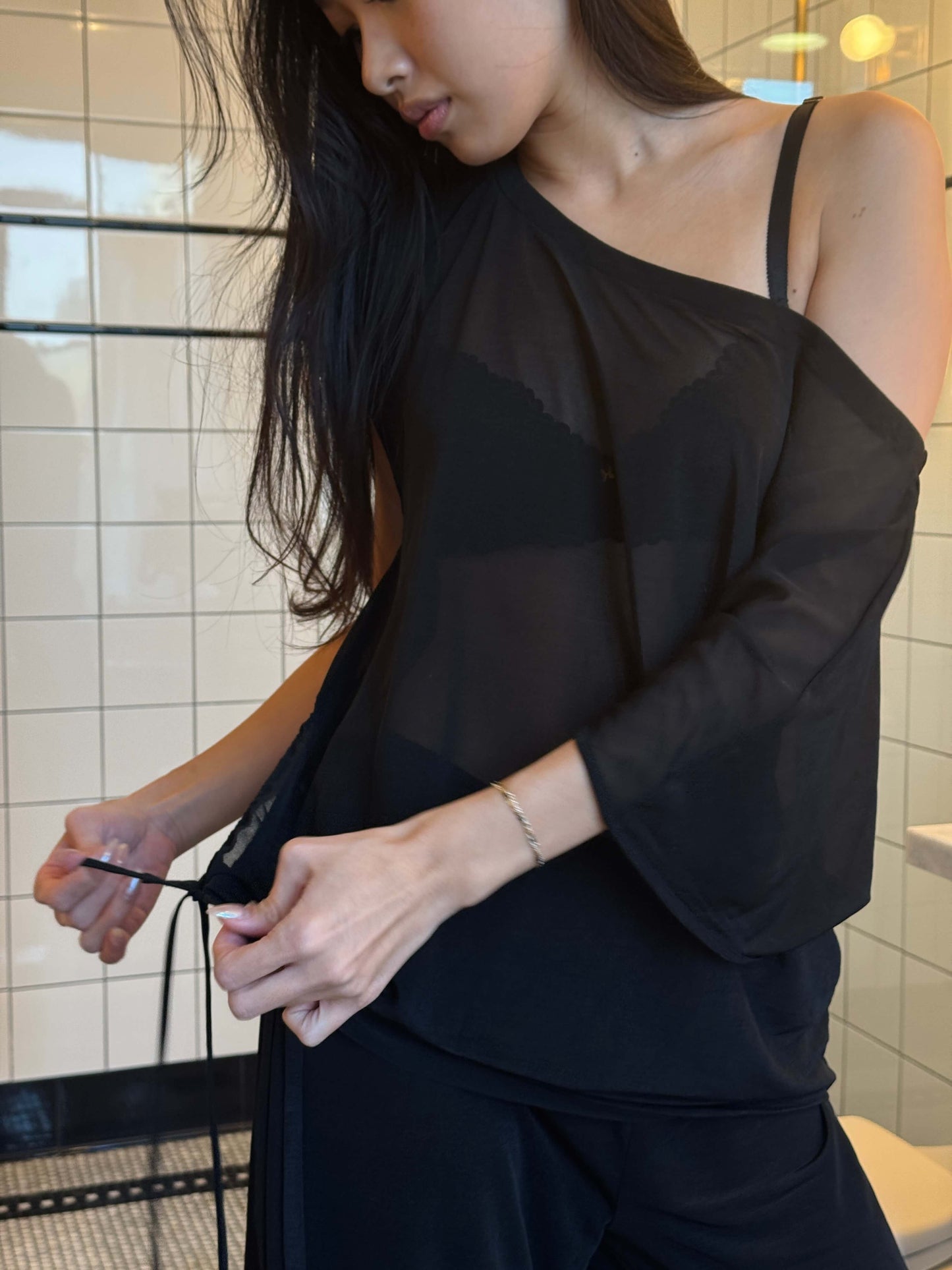 Brisa Top Black Womens Asymmetric Off Shoulder Casual Blouse