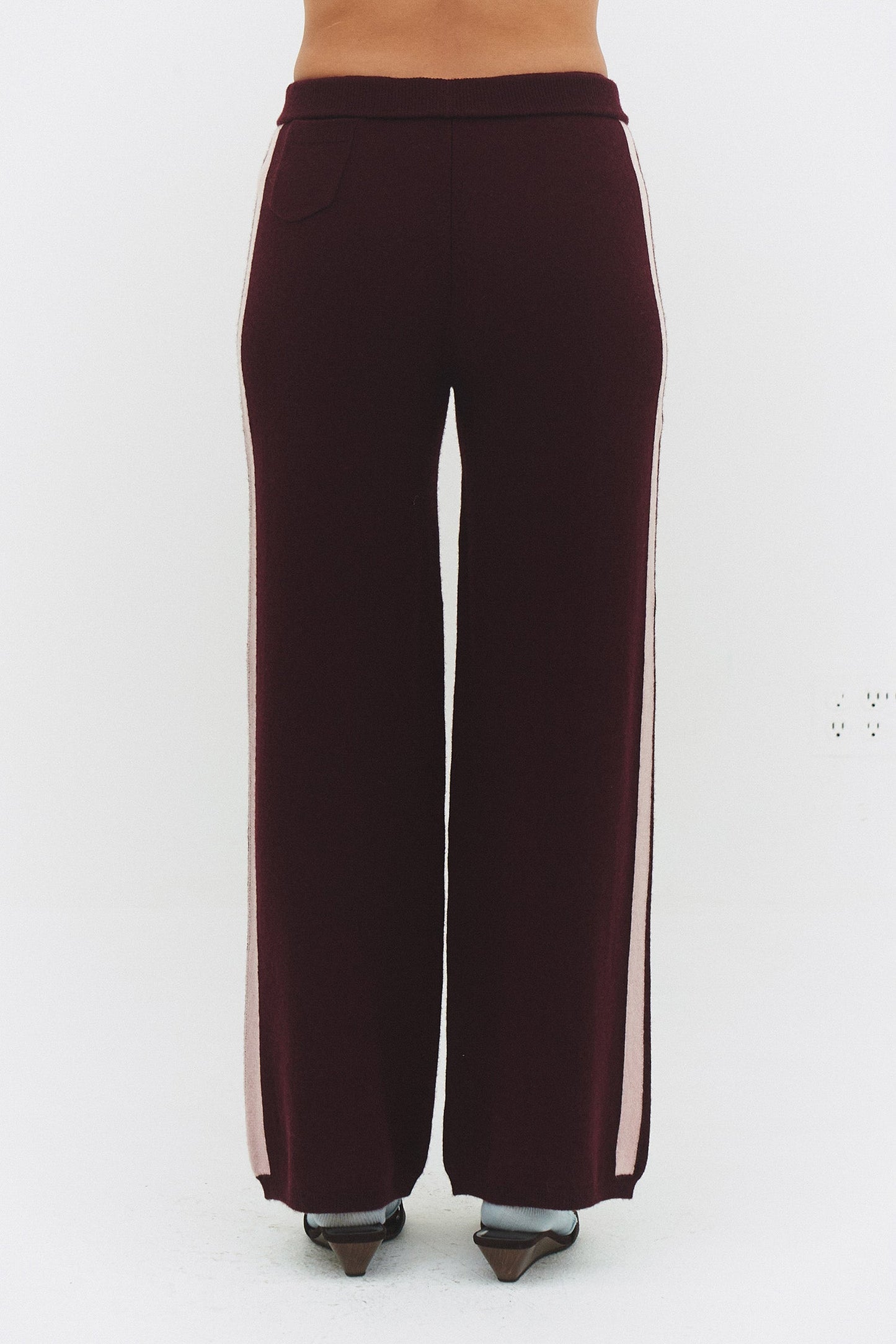 Women Cashmere Wool Stripe Wide Leg Pant Raspberry Knit