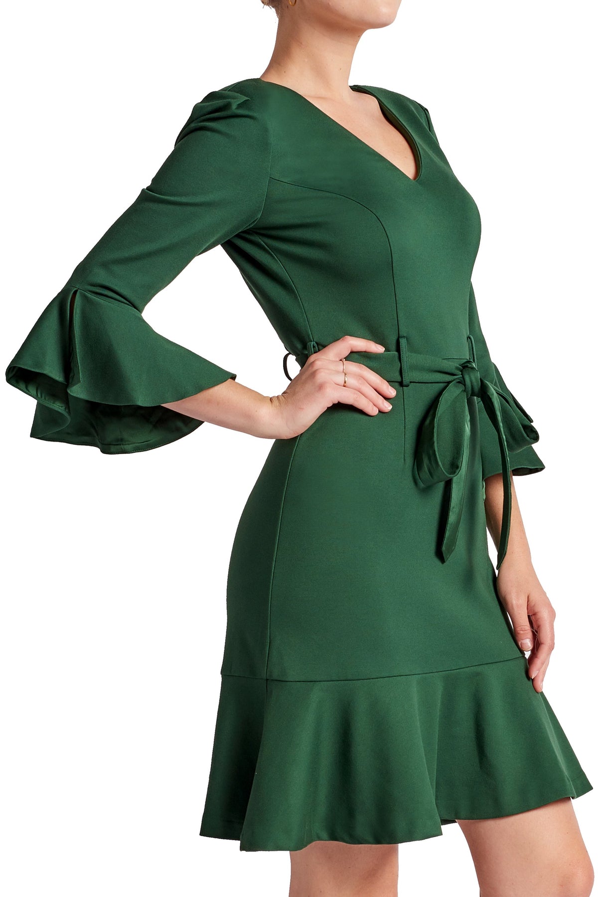 Women's V-Neck Ruffle Sleeve Belted Work Dress Green