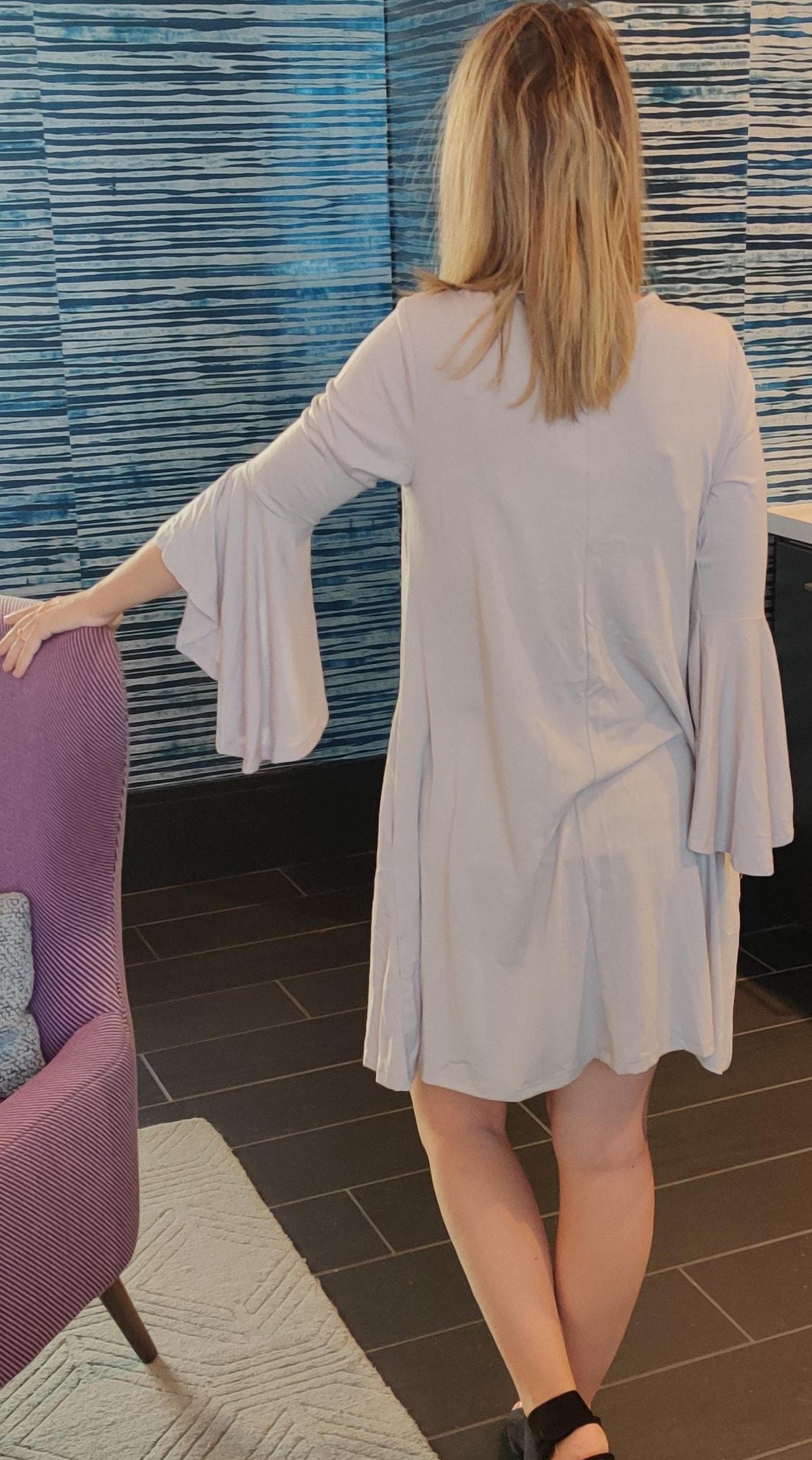 Light Gray Ruffle Sleeve Keyhole Pocket Knit Dress