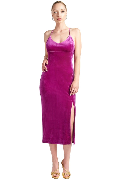 Women's Magenta Velvet Slit Slip Evening Dress