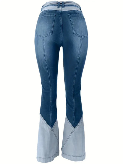 Women's High-Waist Color Block Flared Jeans with Pockets