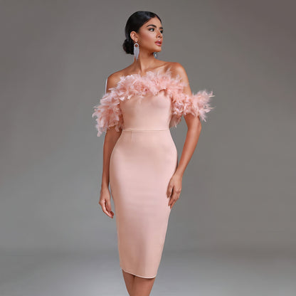 Off-Shoulder Feather Evening Dress for Women Party Wear