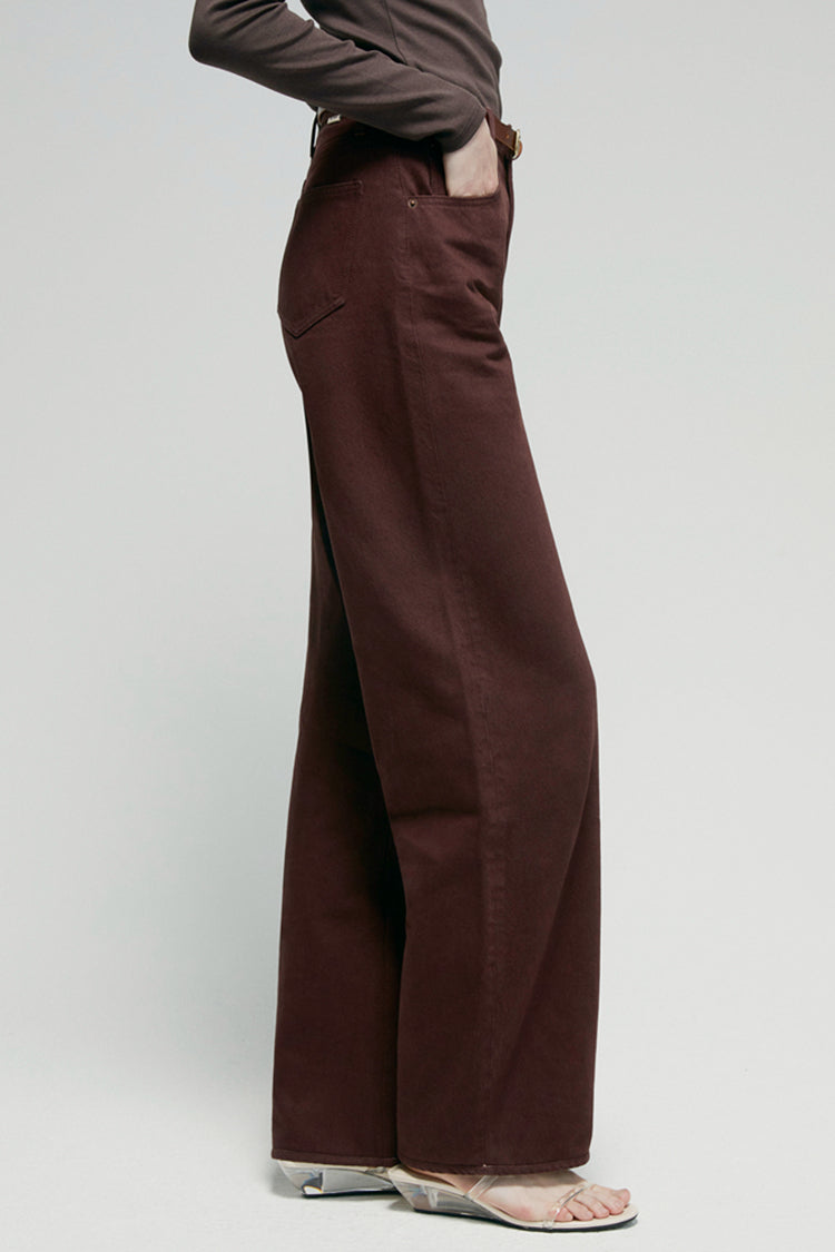 Women High Rise Curved Wide Leg Denim Jeans Rigid Cotton