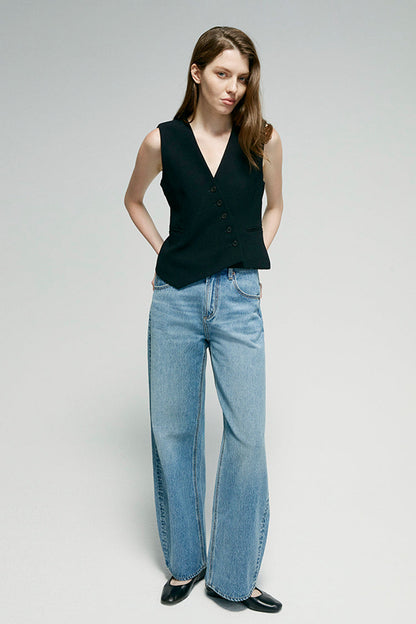 Women High Rise Curved Wide Leg Denim Jeans Rigid Cotton