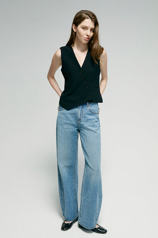 Women High Rise Curved Wide Leg Denim Jeans Rigid Cotton