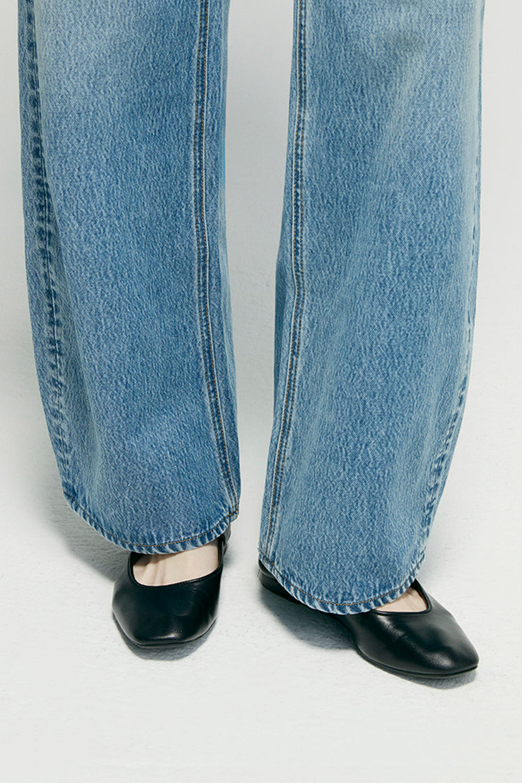 Women High Rise Curved Wide Leg Denim Jeans Rigid Cotton