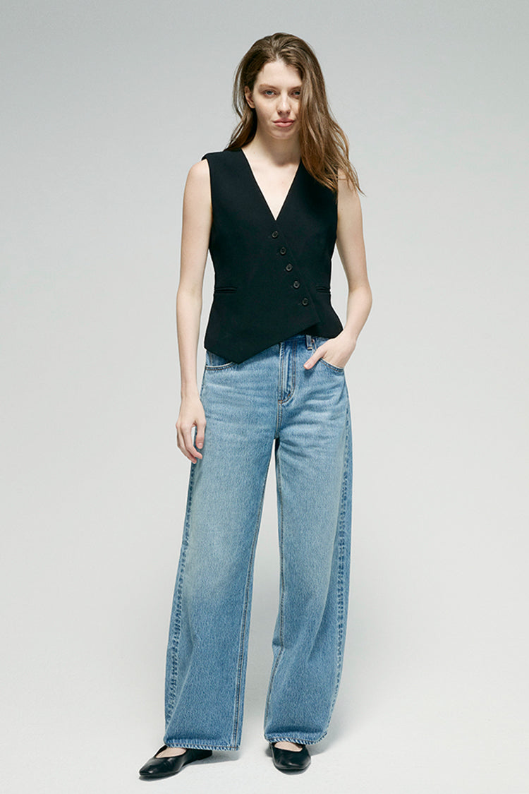 Women High Rise Curved Wide Leg Denim Jeans Rigid Cotton