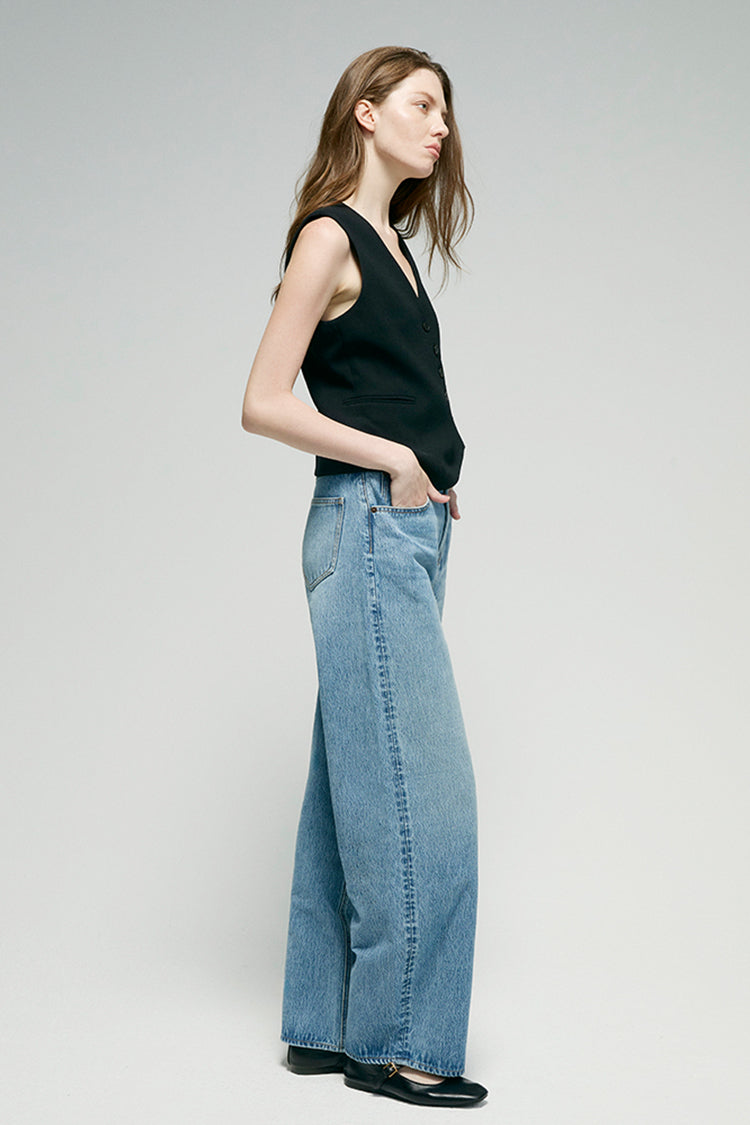 Women High Rise Curved Wide Leg Denim Jeans Rigid Cotton
