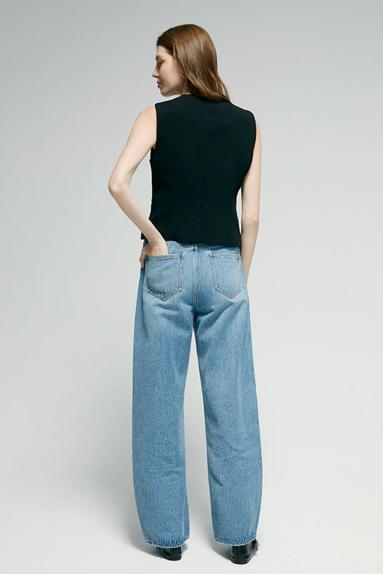 Women High Rise Curved Wide Leg Denim Jeans Rigid Cotton