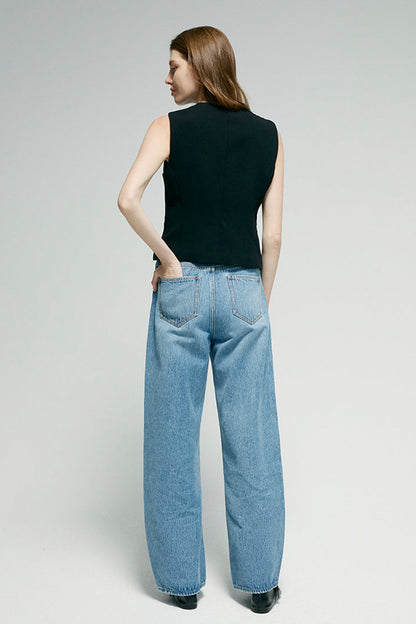 Women High Rise Curved Wide Leg Denim Jeans Rigid Cotton