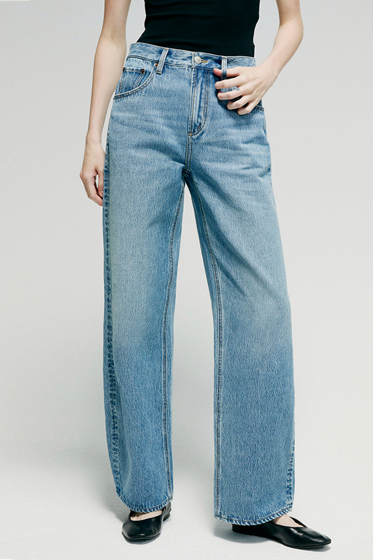 Women High Rise Curved Wide Leg Denim Jeans Rigid Cotton