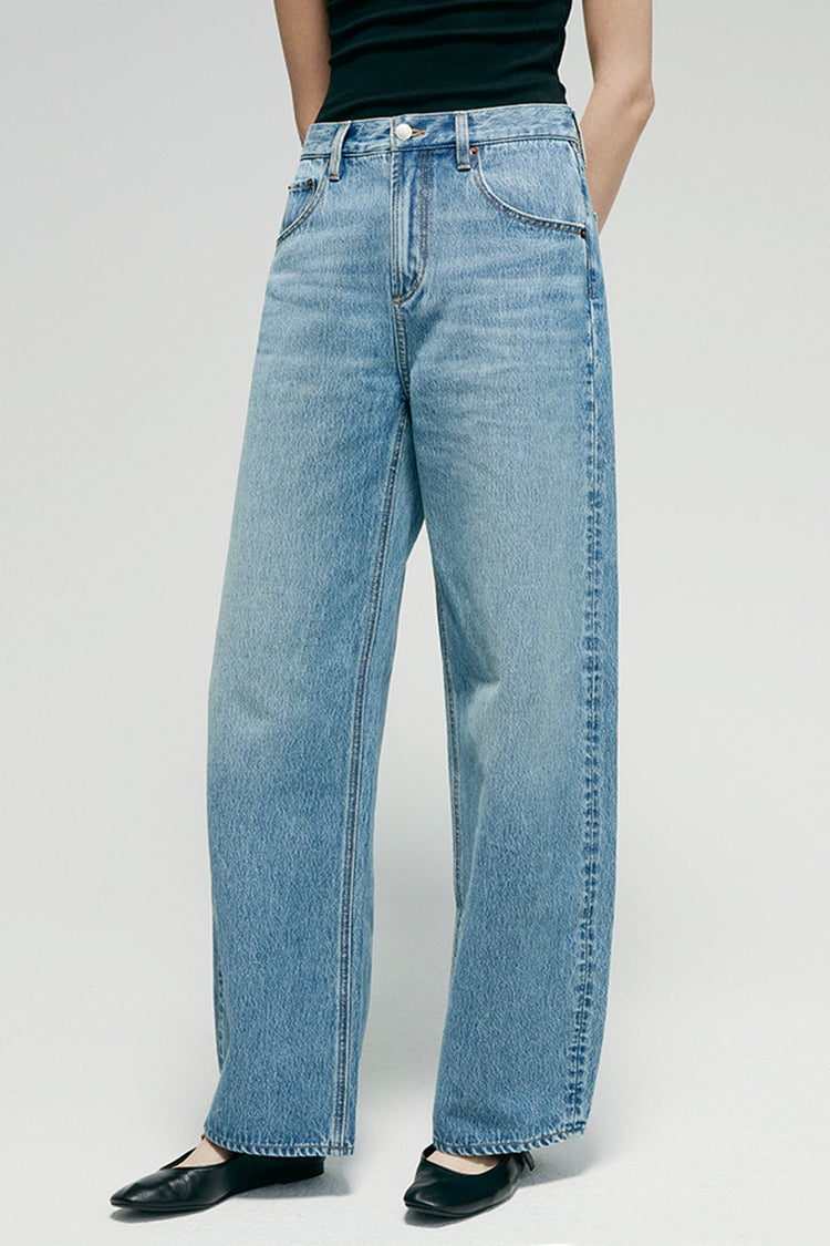 Women High Rise Curved Wide Leg Denim Jeans Rigid Cotton