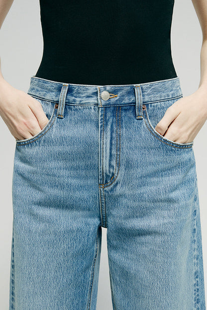 Women High Rise Curved Wide Leg Denim Jeans Rigid Cotton