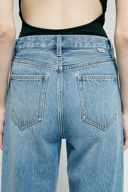 Women High Rise Curved Wide Leg Denim Jeans Rigid Cotton