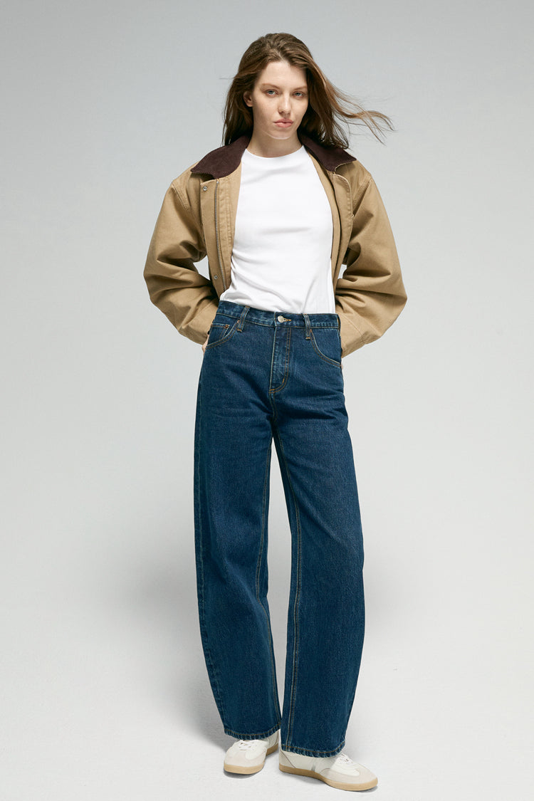Women High Rise Curved Wide Leg Denim Jeans Rigid Cotton