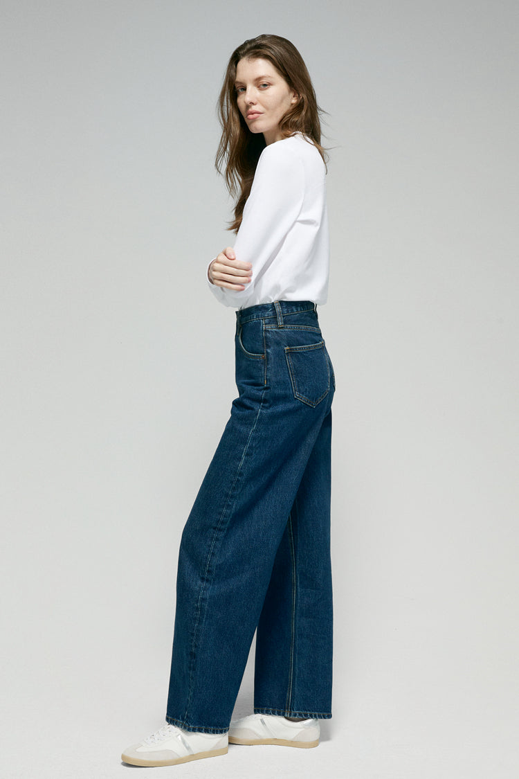 Women High Rise Curved Wide Leg Denim Jeans Rigid Cotton