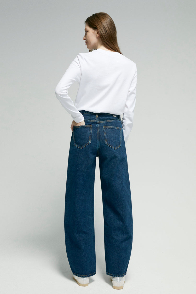 Women High Rise Curved Wide Leg Denim Jeans Rigid Cotton