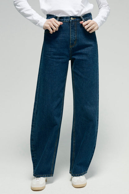 Women High Rise Curved Wide Leg Denim Jeans Rigid Cotton