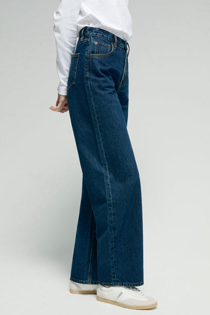 Women High Rise Curved Wide Leg Denim Jeans Rigid Cotton