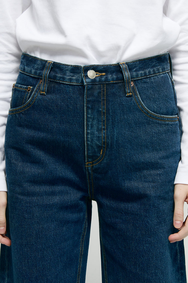 Women High Rise Curved Wide Leg Denim Jeans Rigid Cotton