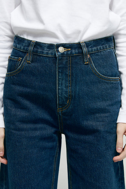 Women High Rise Curved Wide Leg Denim Jeans Rigid Cotton