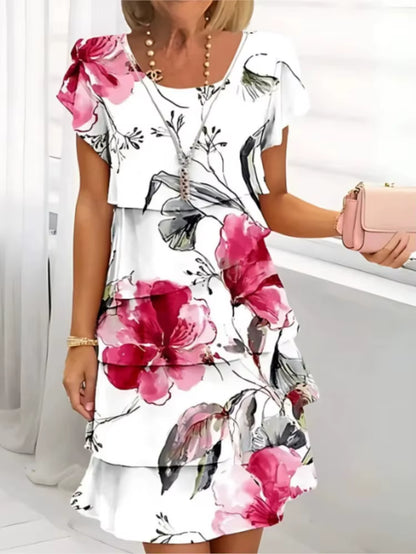 Women Geometric Floral Summer Print Short Sleeve Midi Dress