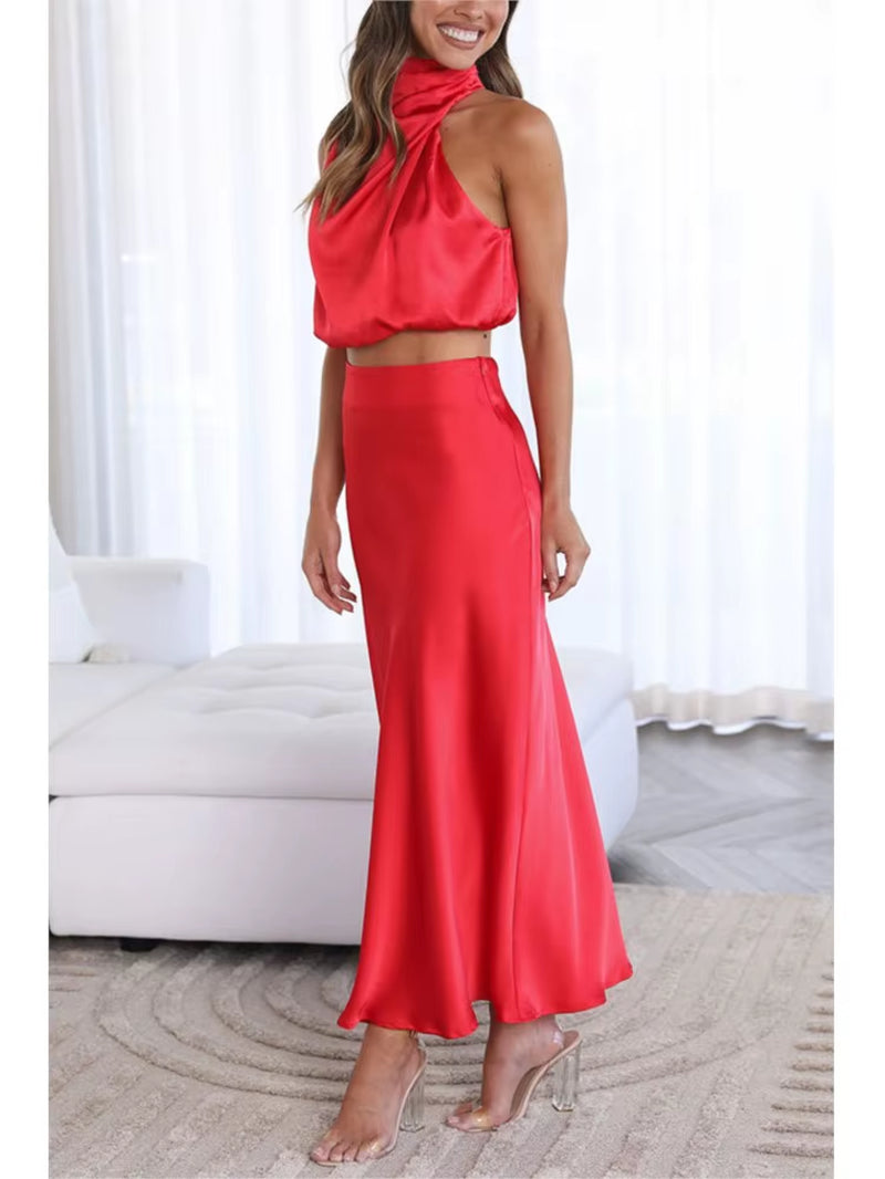 Women Two Piece Sleeveless Top Satin Long Skirt Matching Set
