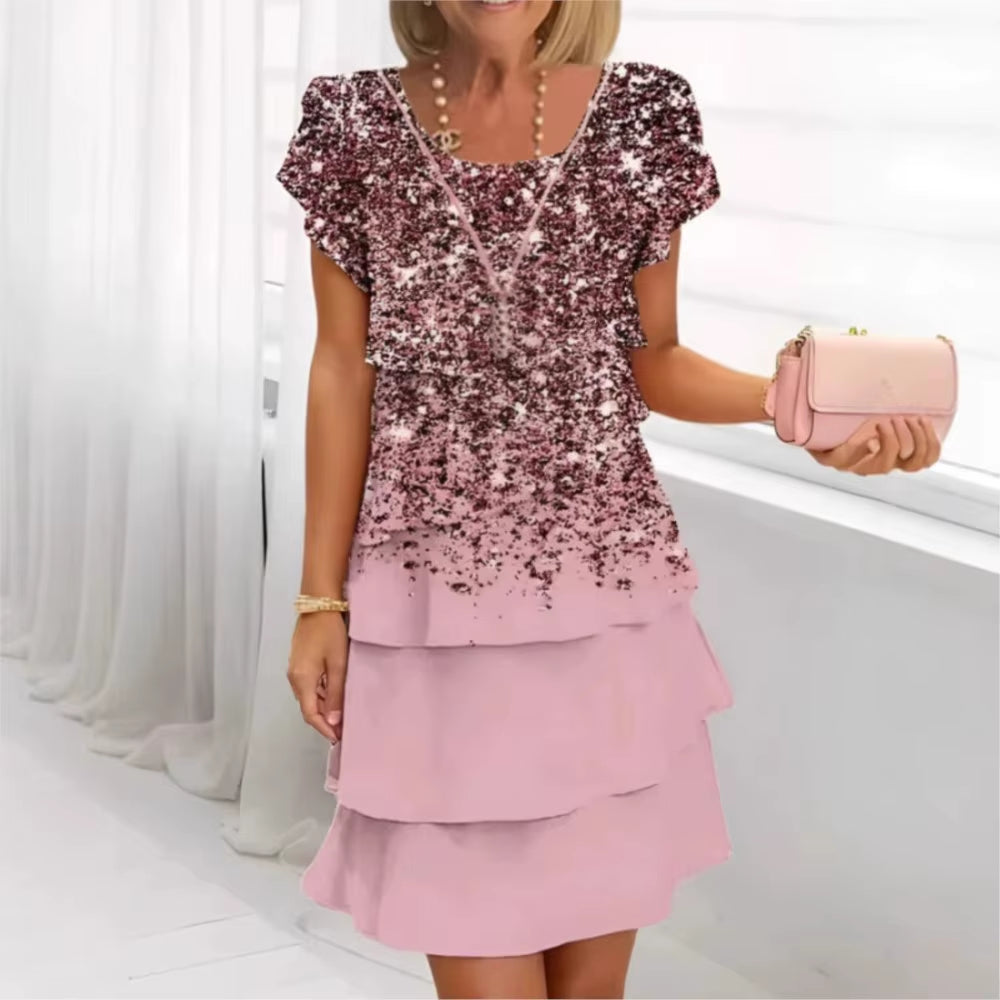 Women Geometric Floral Summer Print Short Sleeve Midi Dress
