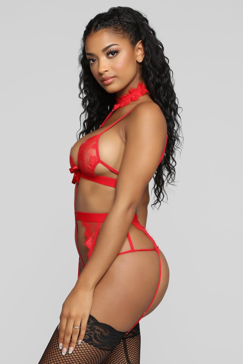 Lace Bralette Garter Belt G-String 3 Piece Lingerie Set