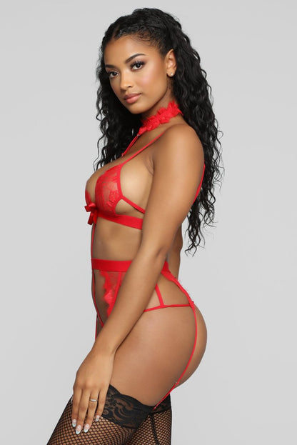 Lace Bralette Garter Belt G-String 3 Piece Lingerie Set