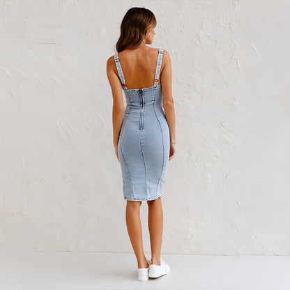 Women's U-Neck Suspender Denim Midi Dress with Side Slit