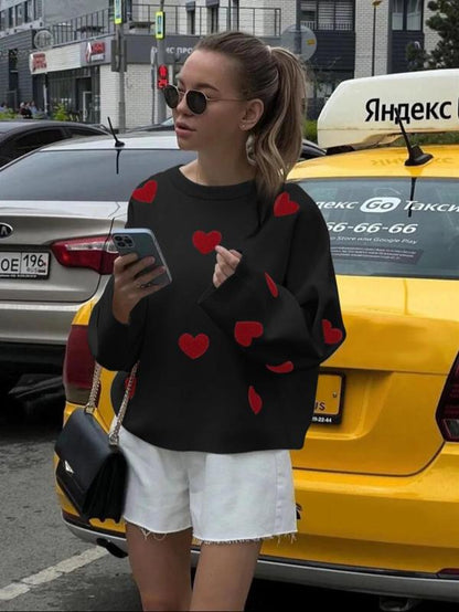 Women Printed Heart Pattern Crewneck Knitted Sweater