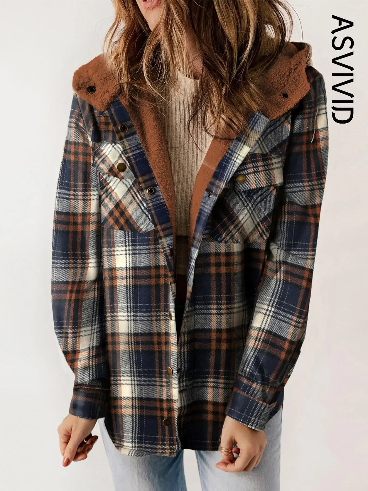 Women Plaid Hooded Casual Outerwear Long Sleeve Jacket Coat