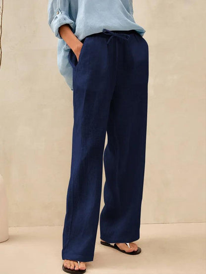 Women 100 Linen Straight Leg Drawstring Pants Casual