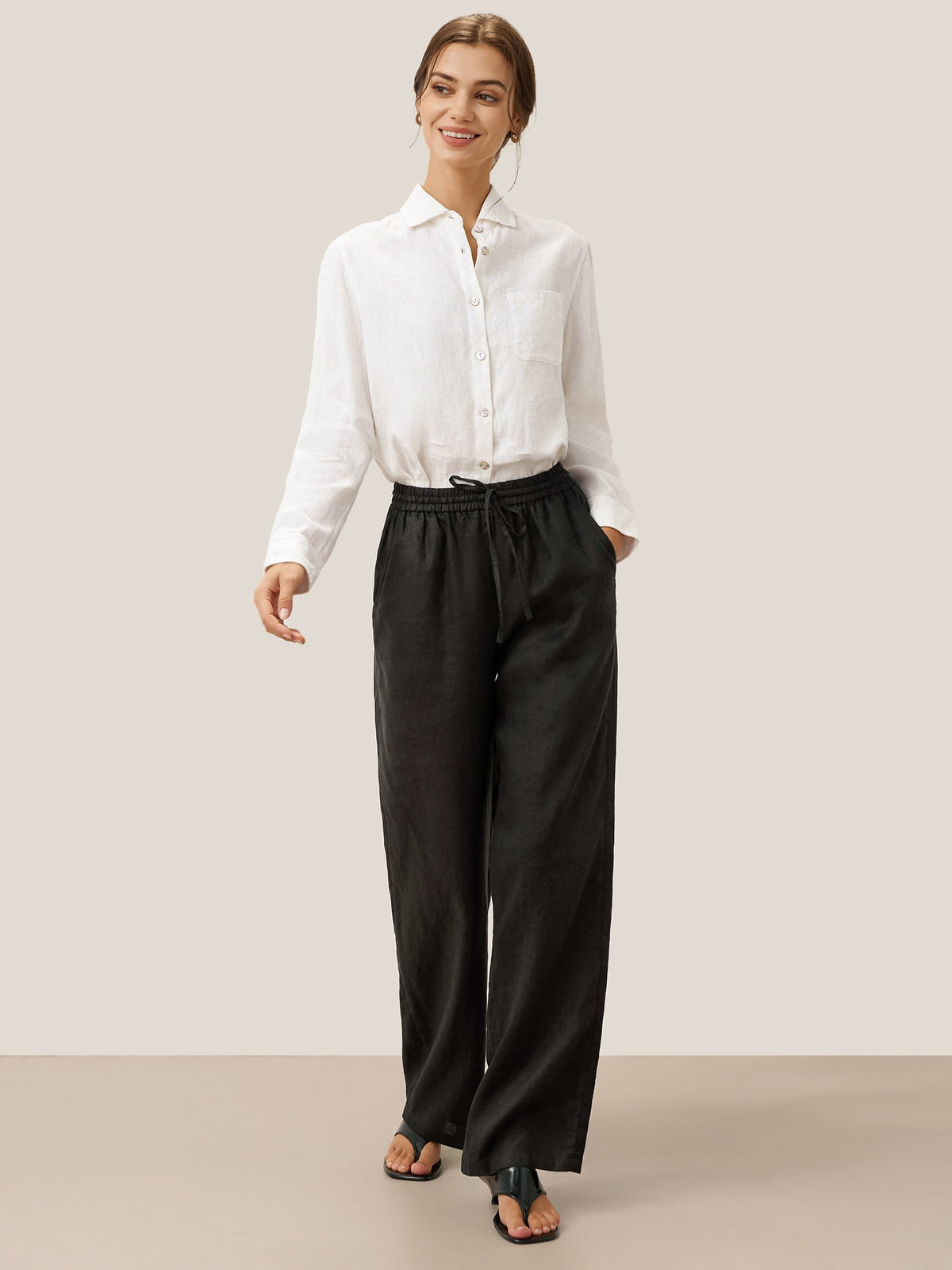 Women 100 Linen Straight Leg Drawstring Pants Casual