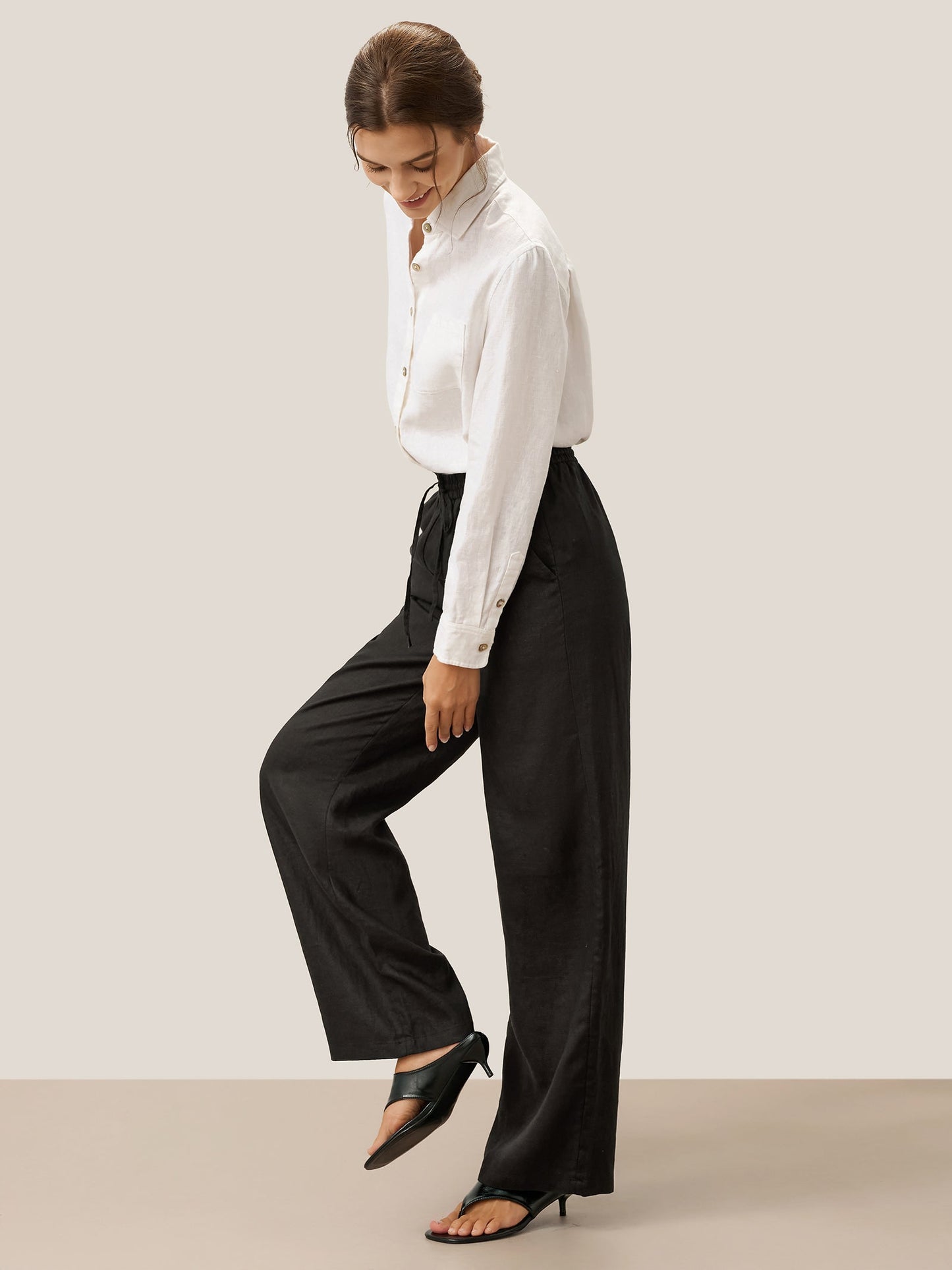 Women 100 Linen Straight Leg Drawstring Pants Casual